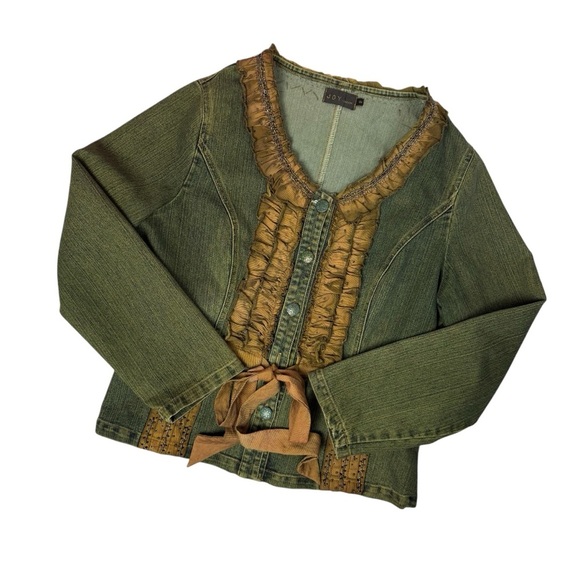 Vintage Joy London Denim Ruffled Beaded Jean Jacket Large Extra Large - Picture 2 of 15